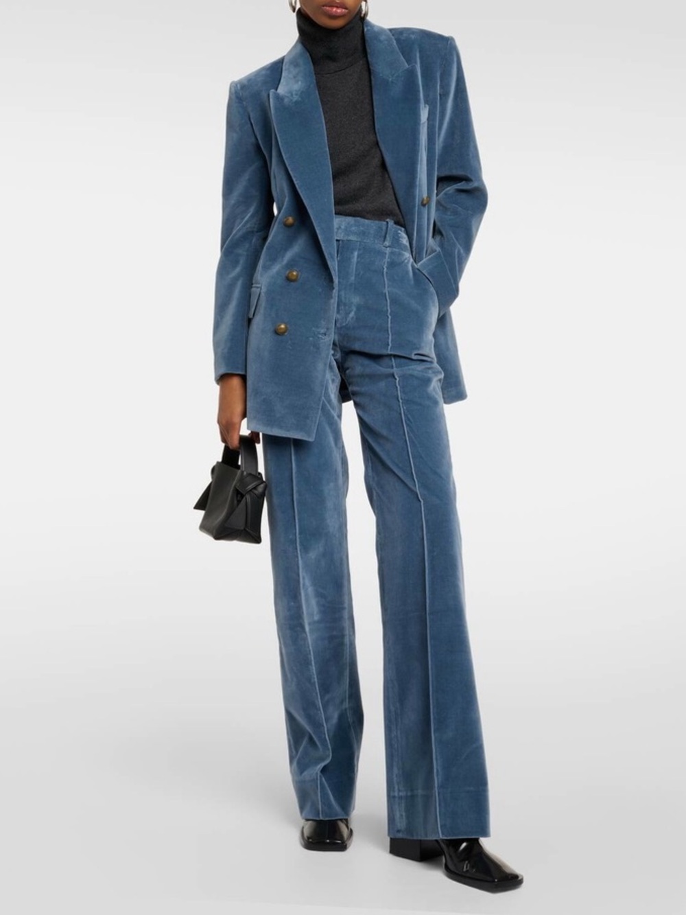 FRAME Double-Breasted Cotton-Blend Velvet Blazer Blue with Gold Accents Size 6 - Picture 2 of 15
